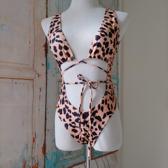 *NWOT Animal Wrap Around Bathing Swim Suit / Size S/ black and tan - Picture 3 of 9